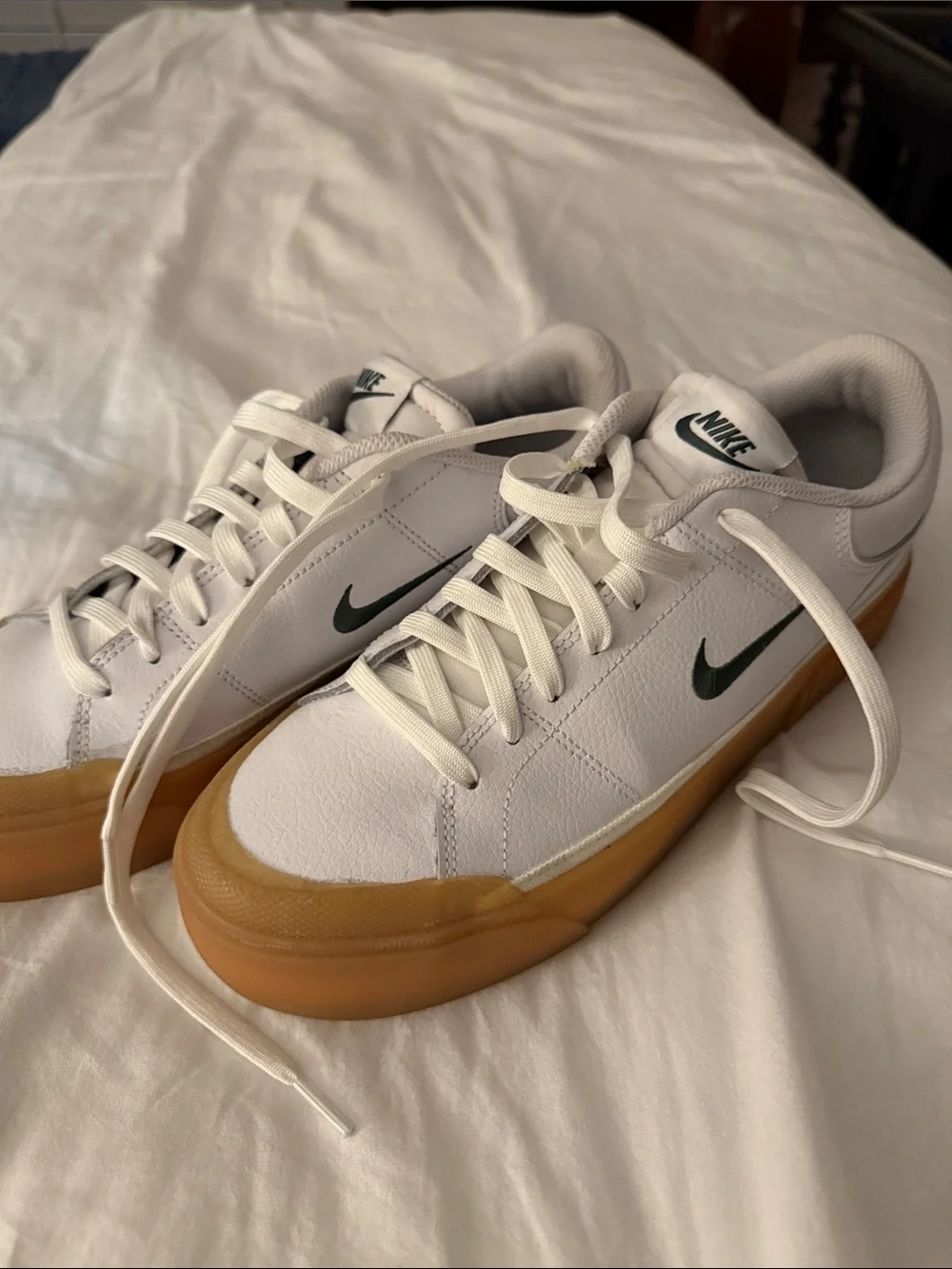 Nike Womens White Leather Court Legacy Sneakers with Green Swoosh and Gum Sole